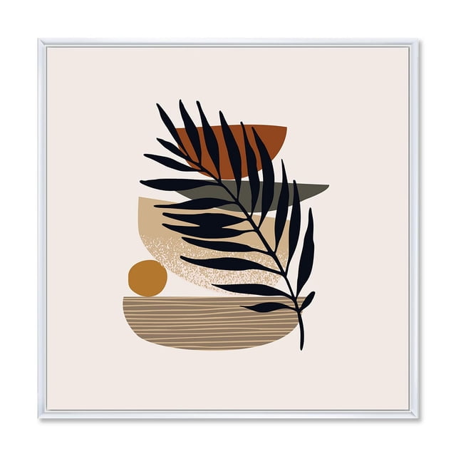 Designart Tropical Leaf Silhouettes and Shapes IV FLOAT FRAME WALL ART with a black tropical leaf silhouette over layered abstract shapes in brown, beige, and olive on light beige premium cotton canvas, gallery-wrapped and framed in a white floating frame, ready to hang and ideal for contemporary home décor.