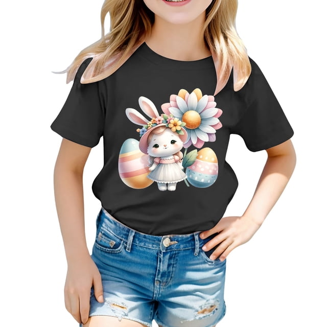 XDZJLR T-Shirt Fille Tout-Petit Graphique de Pâques Coupe Ample Décontractée Manches Courtes Col Rond pour Garçons 6-7 Ans