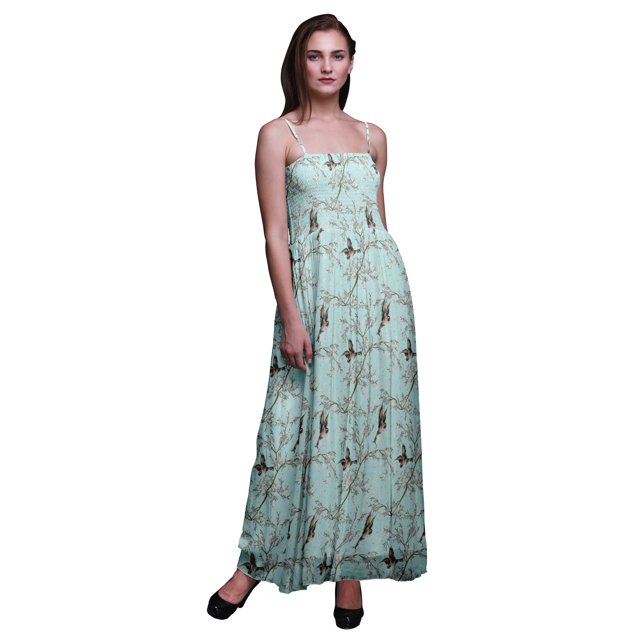 Bimba Robe à Bretelles Smockée en Georgette pour Femmes à Imprimé de Fleurs et de Chardonnerets Dorés - Très Grand