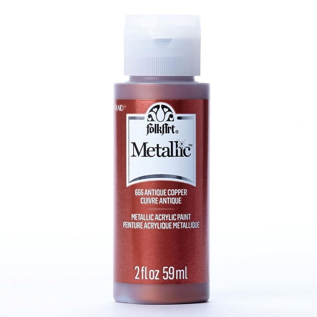 Folkart Metallic Acrylic Paint Antique Copper 2 fl oz bottle with a shiny copper metallic finish and white flip-top cap, ideal for DIY projects and crafts on wood, canvas, and paper surfaces.