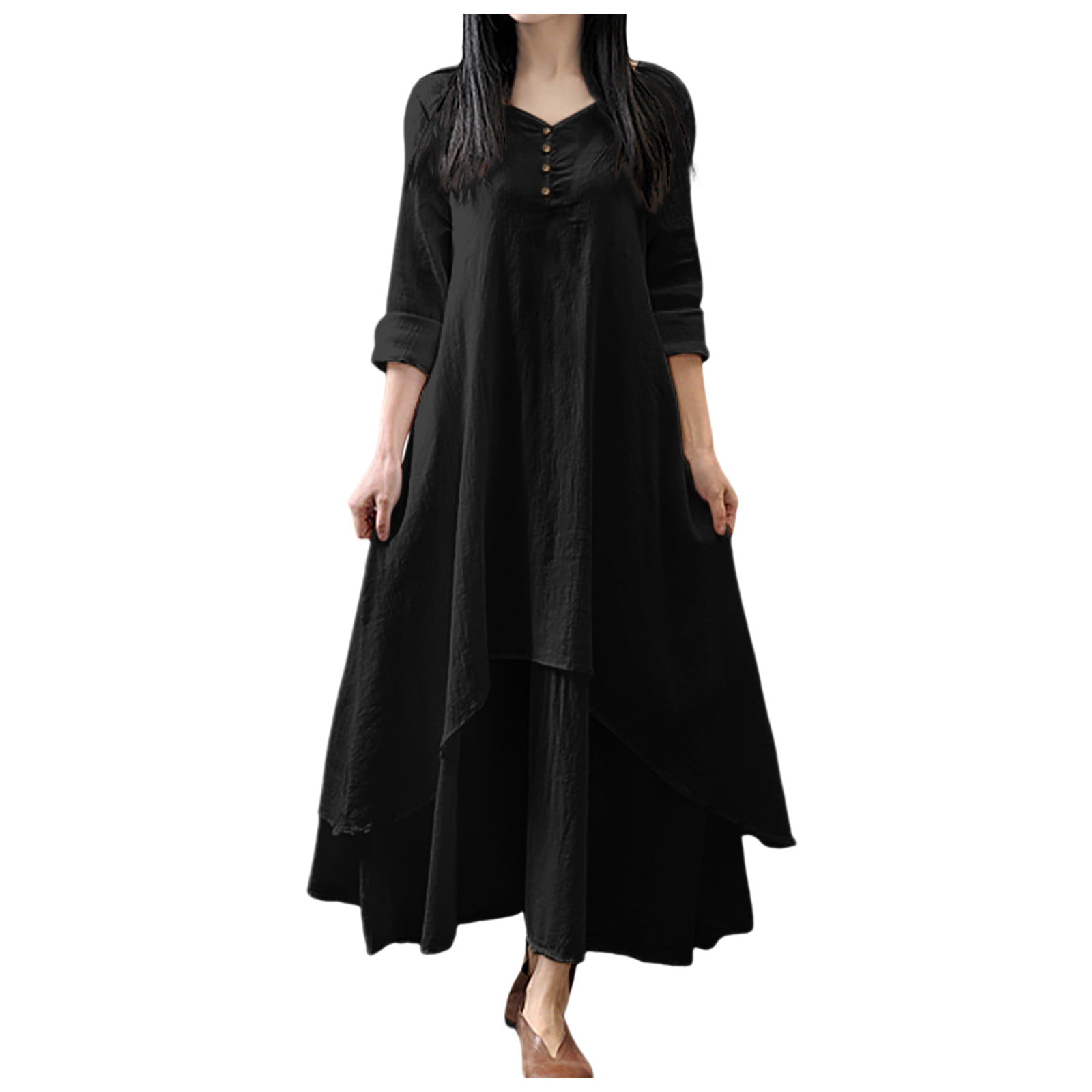 XDZJLR Robes pour Femmes Formelles Dames Deux Grandes Évasées Lin Ample à Manches Longues Robe en Lin