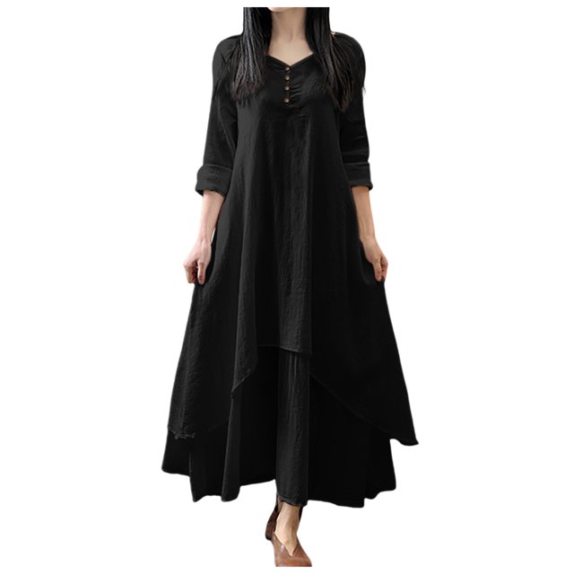 XDZJLR Robes pour Femmes Formelles Dames Deux Grandes Évasées Lin Ample à Manches Longues Robe en Lin