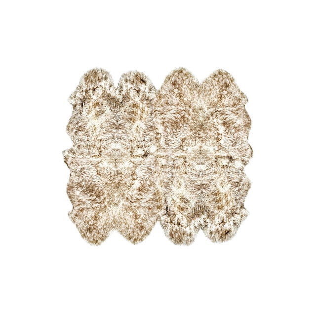 NEW ZEALAND SHEEPSKIN OCTO RUG 7' X 6' featuring a top-down view of a natural beige and cream sheepskin rug composed of four connected pelts in an octagonal shape, with a dense 2.5-inch plush pile and soft micro suede anti-skid backing, suitable for indoor use to add warmth and comfort or as a plush seat cover.