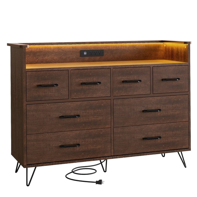 BeesClover Commode Moderne à 8 Tiroirs avec Lumières DEL, Station de Recharge Intégrée, Grand Rangement, Dimensions 49.08 Pouces x 16.73 Pouces x 35.43 Pouces, Parfaite pour la Chambre, le Salon et l'Entrée