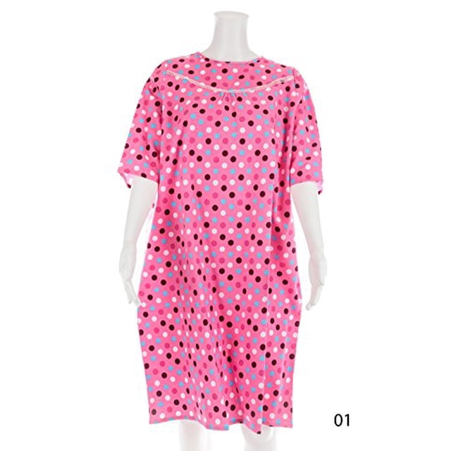 Women's Adaptive Flannel Backwrap Gown (Large, Colorful Polka Dots with Pink Background - 01)