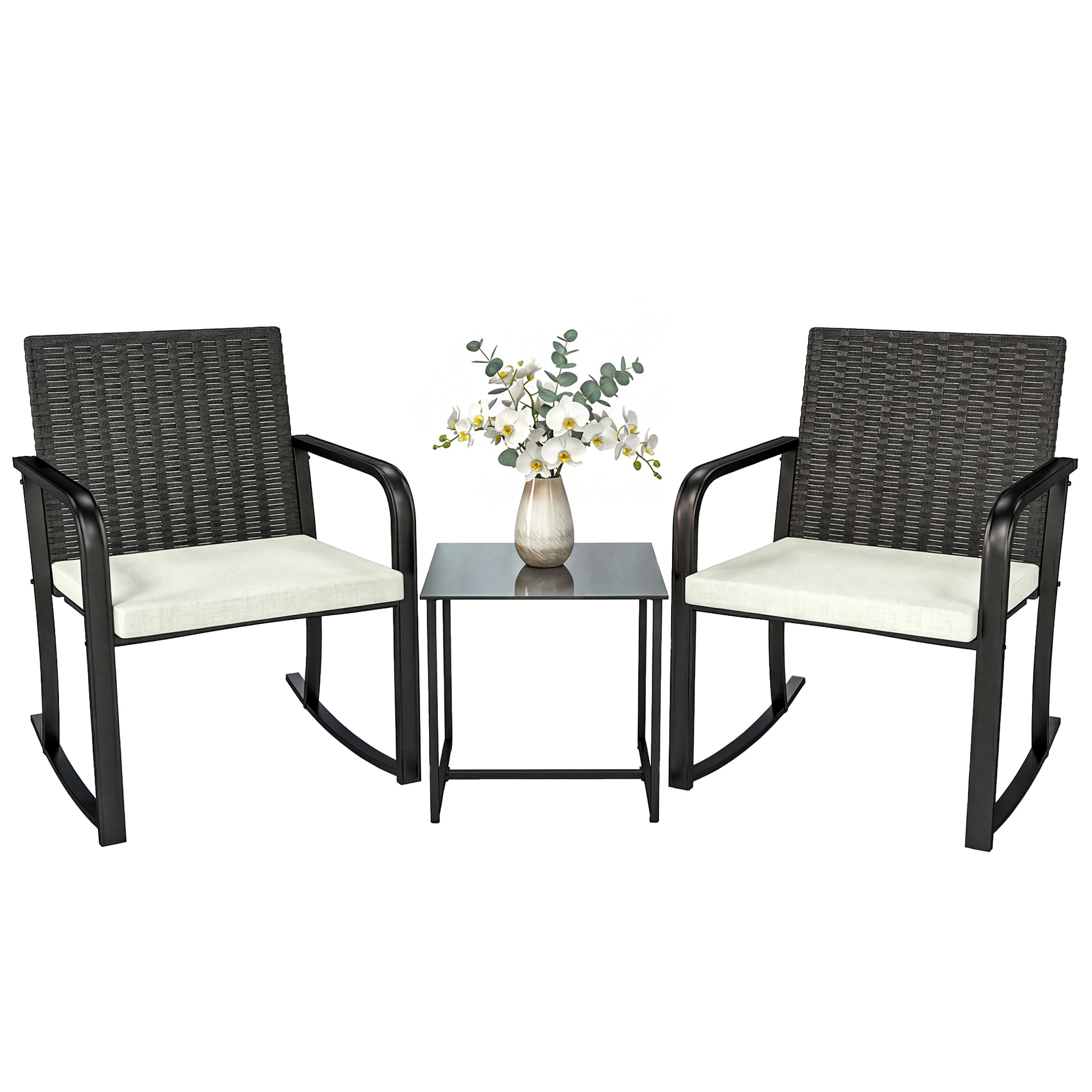 Outsunny 3 Pieces Wicker Patio Furniture Rocking Bistro Set with Cushions