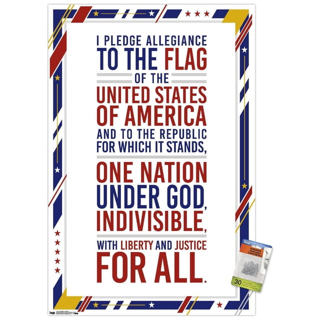 Les États-Unis d'Amérique - Affiche Murale du Serment d'Allégeance, 22,375 Pouces x 34 Pouces, Présentant le Texte Complet du Serment d'Allégeance en Lettres Rouges et Bleues Audacieuses sur Papier d'Affiche Blanc Lustré, Bordé d'Un Cadre Patriotique avec des Rayures et des Étoiles Rouges, Bleues et Jaunes, art Mural Convenant à la Déco de la Maison Ou au Bureau, Comprend des Pinces pour Afficher, Suspension Facile et Sans Dommages.