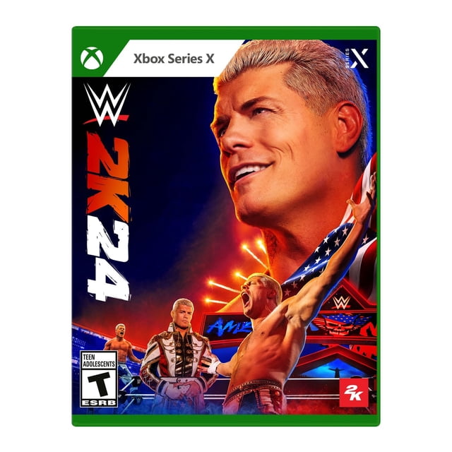 WWE 2K24 Xbox Series X game cover featuring multiple WWE Superstars in a wrestling ring with a vibrant arena backdrop, displaying the WWE logo, Xbox Series X branding, and 2K logo on a green case.