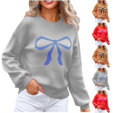 Sentmoon Oversized Sweater Crew Neck Long Sleeve Bow Pattern Womens Clothing Knitted Breathable Loose Women’s Sweatshirt Trendy Fall and Winter for Wedding Guest Sweater Red L