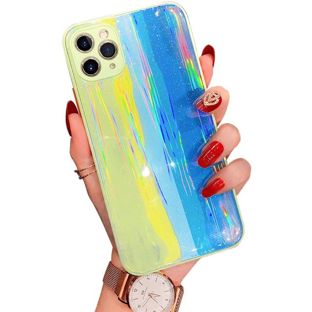 Compatible avec Étui iPhone, Motif Arc-en-Ciel Pailleté Bling Dos Rigide Rayé Filles Femmes Pare-Chocs en TPU Souple Silicone pour iPhone 11Pro MAX (Vert)