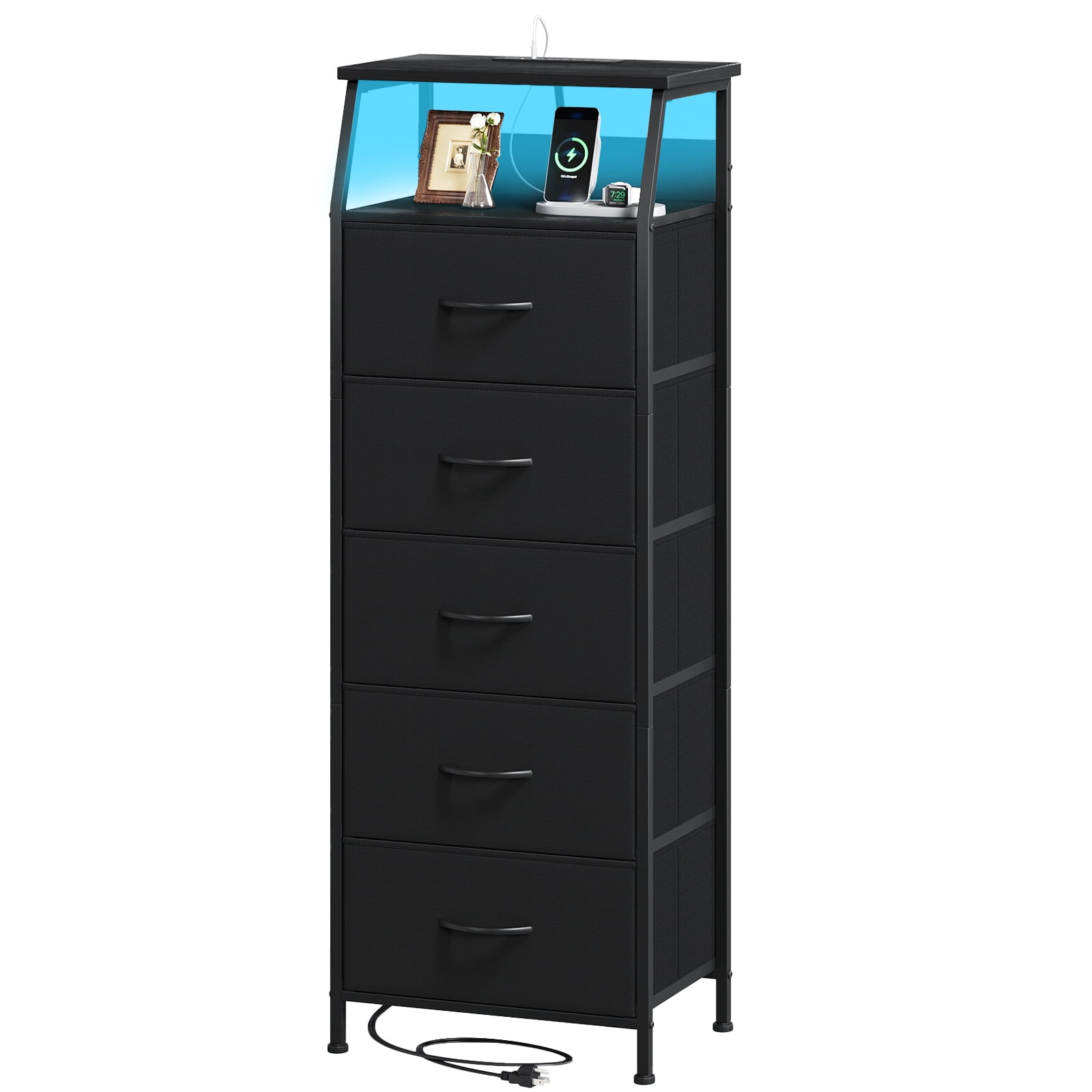 Eunos Table de Chevet Haute Noire avec Station de Recharge et DEL pour Chambre, 5 Tiroirs avec Étagères de Rangement