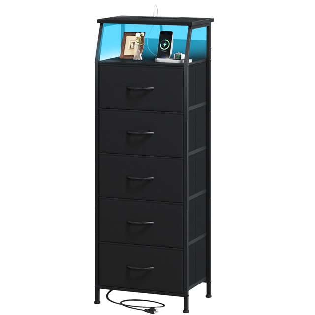 Eunos Table de Chevet Haute Noire avec Station de Recharge et DEL pour Chambre, 5 Tiroirs avec Étagères de Rangement