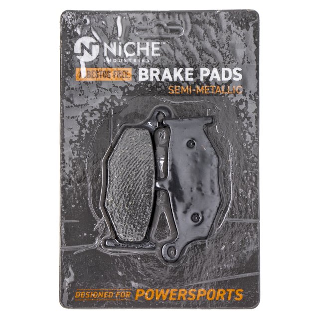 Niche Rear Brake Pad Set for Suzuki GSXR600 Semi-Metallic Motorcycle 519-KPA2398D. The package includes a semi-metallic brake pad set designed as a direct replacement for OEM part numbers such as 69100-15830 and 69101-44820. Compatible with various Suzuki models, including GSXR600 (2006-2009), GSXR750 (2006-2009), and Hayabusa GSX1300R (2008-2023). The product is asbestos-free and engineered to meet or exceed original part standards. Displayed in retail packaging with the Niche logo and 'Designed for Powersports' branding.