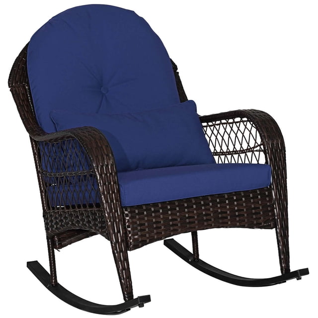 Costway Patio Wicker Rocking Chair with Seat Back Cushions & Lumbar Pillow Porch Blue