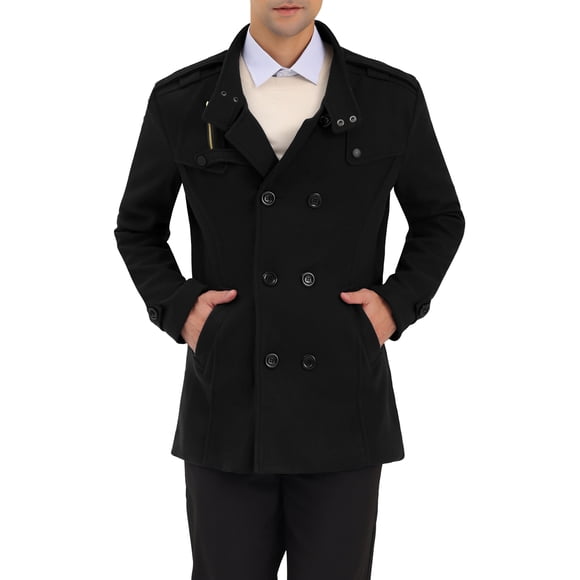 INSPIRE CHIC Men's Winter Trench Coat Stand Collar Double Breasted Pea Coats XL Black