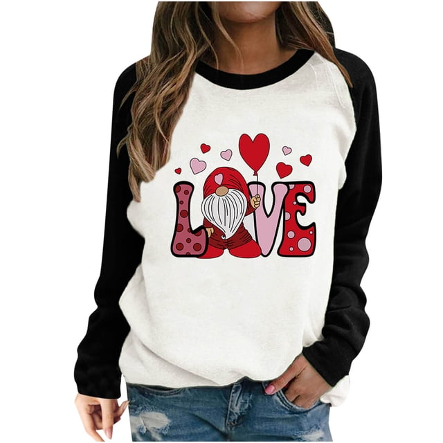 RKSTN Chandail de la Saint-Valentin pour Femmes, Chandail à la Mode avec Lettres et Cœurs Imprimés, Manches Longues, Col Rond, Hauts à Empiècements