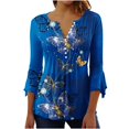 thumbnail image 2 of Hauts pour Femmes Haut à Imprimé Floral Col en V Manches Courtes Bouton T-Shirt Bleu G, 2 of 5