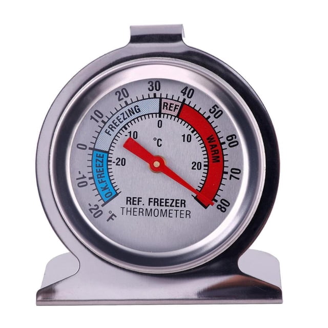 High Precision Refrigerator Freezer Thermometer with -30 to 30 Degrees Celsius range, featuring a large stainless steel dial with red and blue indicators for safe temperature zones. Designed with a wide base for standing, an integrated hook for hanging, and a mechanical design for instant readings without batteries, suitable for refrigerators and freezers.