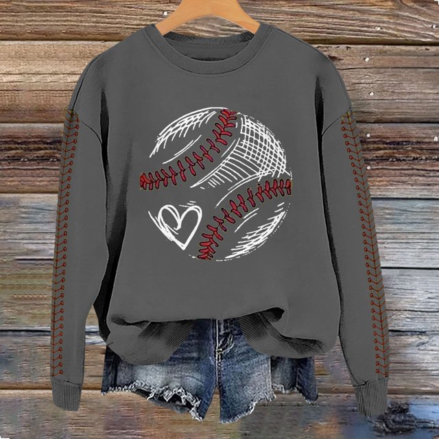IMENGL Spring baseball print crew neck hooded sweatshirt long, Gray L, Size M-2XL
