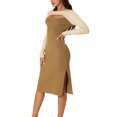 thumbnail image 4 of INSPIRE CHIC Robe Midi en Tricot pour Femme 2023 Automne Hiver à Manches Longues, Découpes, Col Rond, Blocs de Couleur, Ourlet Fendu, Beige-Kaki P, 4 of 5