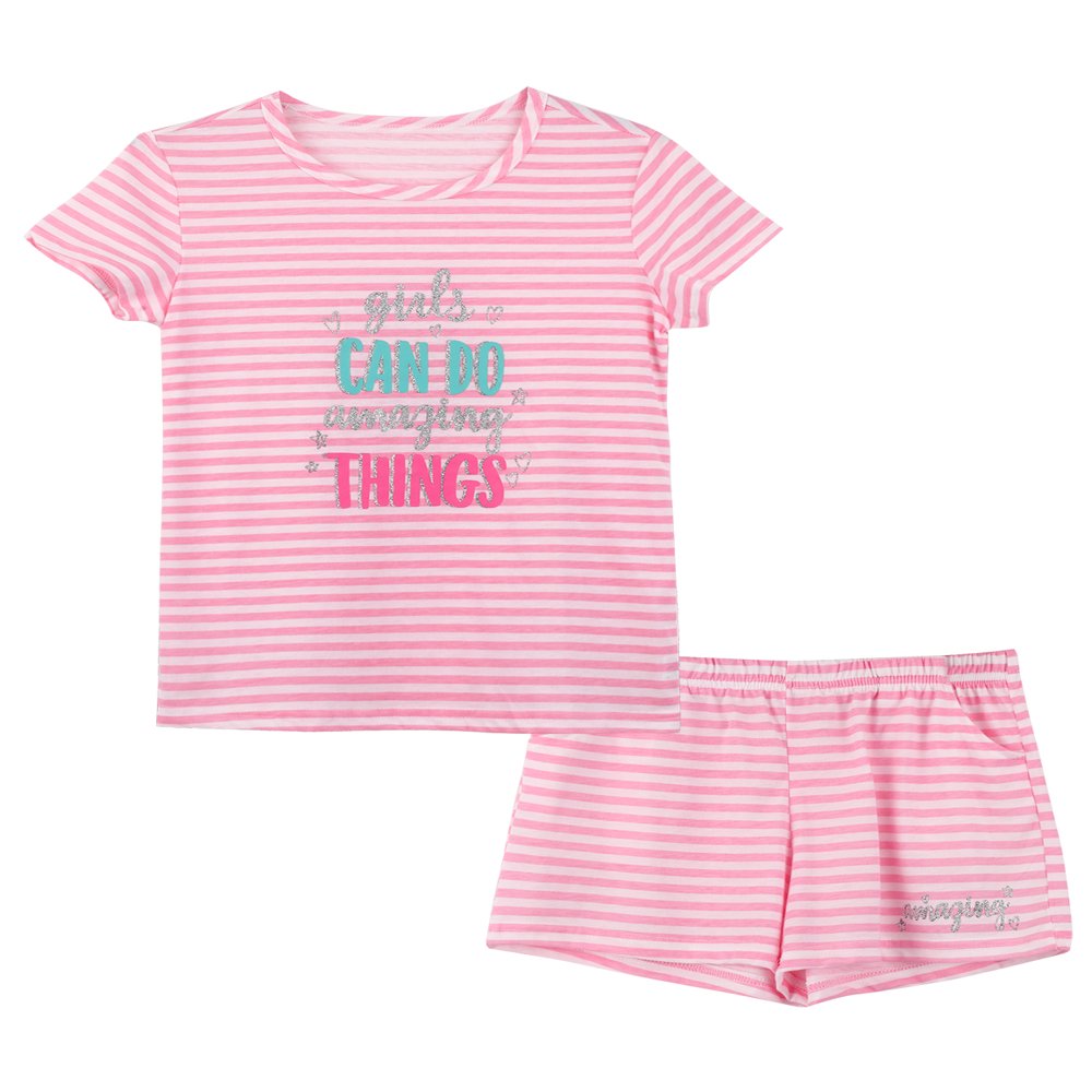 2-Piece Girls Pajama Set for Summer Stripe & Glittering Pjs Size 6-16