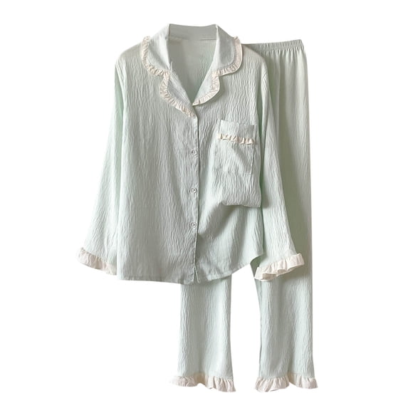 aohooy Pajama Set Petite Women Cotton Gauze 2 Piece Ruffle Pj Set Long Sleeve Button Down Sleepwear Suit Loungewear Green,L