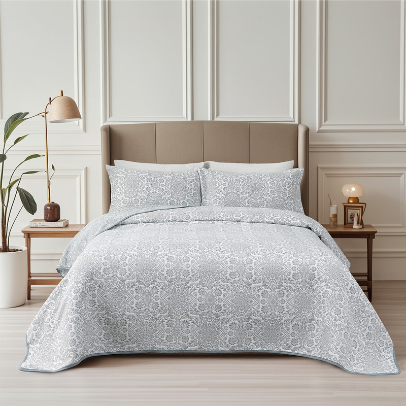Marina Decoration Jacquard Embroidered Stitching Coverlet Bedspread Ultra Soft Bedding Solid 2 Piece Summer Quilt Set with 1 Quilted Sham, Blue Floral Twin/Single