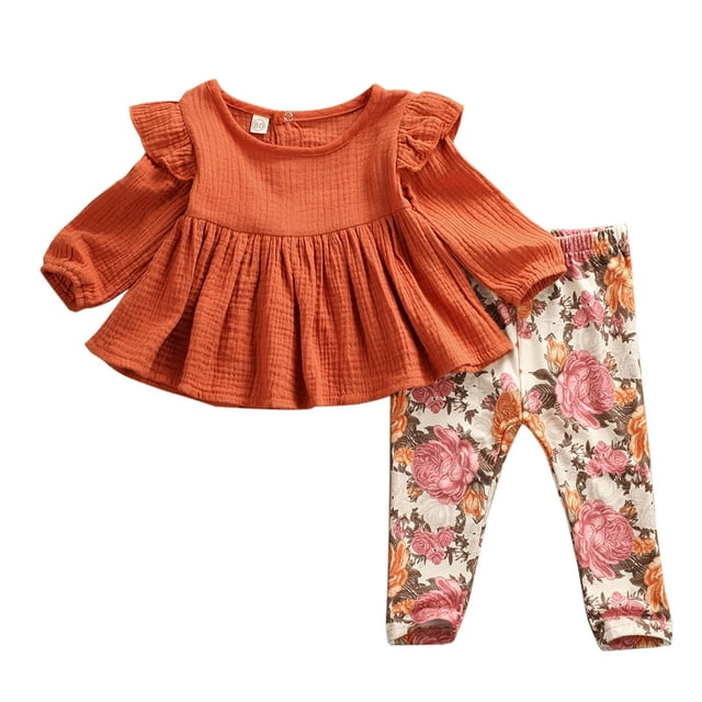 MesaSe Baby Girls Spring Solid Color Long Sleeve Tops + Floral Long Pants Clothes Set