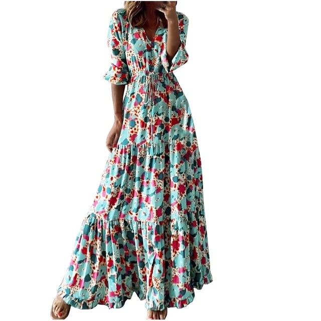 Fshaion Robe d'Été pour Femmes 2024 Grande Taille Col en V Imprimé Manches 3/4 Patchwork Robe Longue Décontractée Liquidation à Moins de 10!