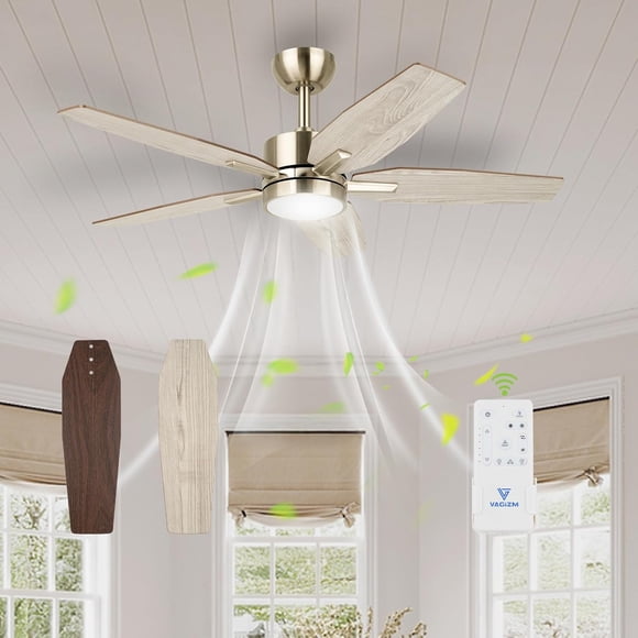 VAGIZM 52 Inch Ceiling Fan with Light - 5 Blades Ceiling Fan for Living Room and Bedroom - 5000 CFM Max Airflow - Quiet DC Motor - Dimmable - Reversible Function - Light Wood Tone