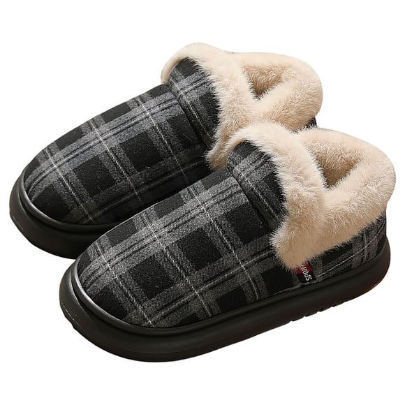 Rokment Chaussons Bottillons de Noël à Carreaux pour Femmes Hommes Xmas Vacances à Carreaux Hiver Doublés en Molleton Chauds à Enfiler Bottes Maison Chambre Mousse à Mémoire Chaussures Intérieur Extérieur Gris Taille 7.5
