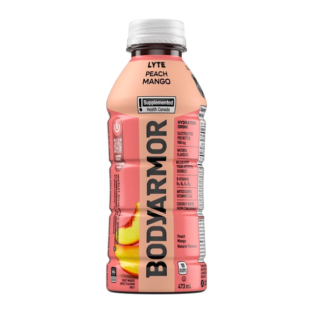 BodyArmor Lyte Bouteille Pêche Mangue, 473 ml, une Bouteille de Boisson d'Hydratation Couleur Pêche avec des Saveurs Naturelles de Pêche et de Mangue, des ÉlectroLytes, des Vitamines B, des Antioxydants et de l'Eau de Coco à Base de Concentré, Convient à la Réhydratation après l'Exercice.