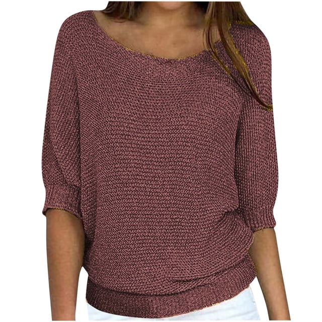 Mrat Chandail à Rayures pour Femme Col Rond Chandails en Tricot Chandail au Crochet Chandail Fendu Chandail Confortable à Manches 3/4 pour Femme Chemise Brun G