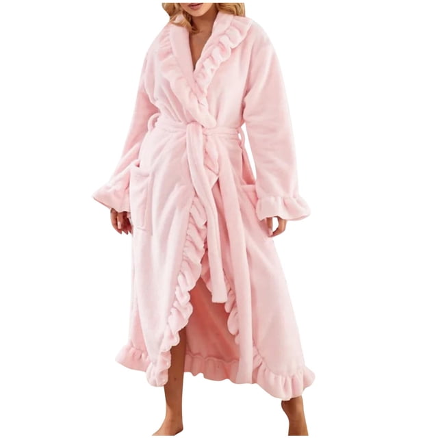Moxiu Women's Fluffy Fleece Bathrobe - Cute Ruffle Fuzzy Ankle-Length Long Sleeve Ultra Soft Robe with Pockets Pink,M