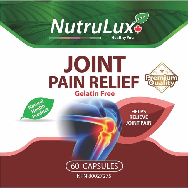 NutruLux Joint Pain Relief capsules, containing 450 mg of Glucosamine Sulfate per capsule. Halal-certified and gelatin-free, ideal for joint health, mobility support, and alleviating discomfort. Packaging emphasizes premium quality, natural health product certification, and a joint anatomy illustration. Includes 60 capsules.