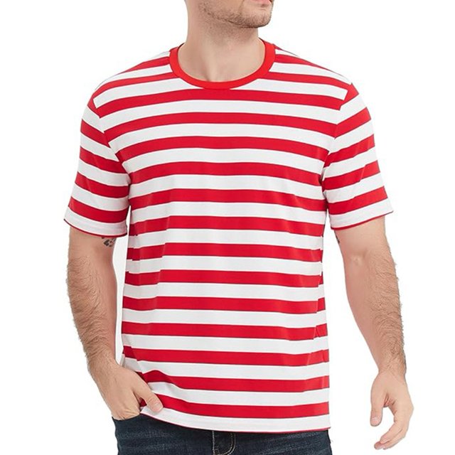MYG Chemises Décontractées Homme Manches Courtes Rayé Rouge Blanc Polyester T-Shirt Été Vacances Voyage Chandail de Base Col Rond (TG)