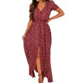 thumbnail image 3 of Robe Femme à Imprimé Floral à Col en V Vêtements Robe Courte Aguichant à Manches à Col en V Robe Maxi, Rose Foncé, TG, 3 of 7