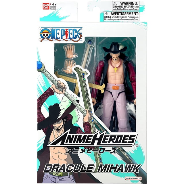 Anime Heroes - One Piece - Dracule Mihawk Action Figure by Bandai Toys, a 7-inch articulated figure with two sets of interchangeable hands and a detailed sword accessory, displayed in original packaging with anime character artwork.