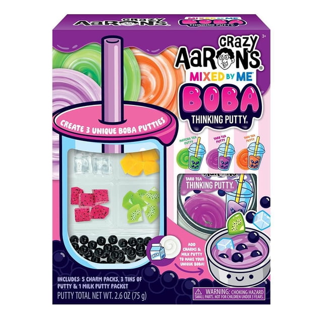 Crazy Aaron's Putty Kit d'Activité - Mixed by Me Boba Tea Présentant un Ensemble en Boîte avec Trois Boîtes de Pâte Pensée Colorée en Vert matcha, Violet taro et orange de Thé Thaï, plus Cinq Paquets de Breloques à Mélanger sur le Thème des Fruits Incluant des Perles de Boba Noires, du fruit du dragon, des Tranches de kiwi, des Morceaux de Mangue et des Glaçons, Convient pour Créer des Mélanges de Pâte de Thé Boba Personnalisés.