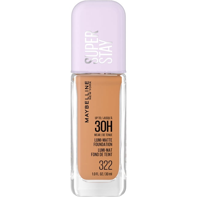 Maybelline New York Super Stay Lumi Matte Foundation shade 322, a 30-hour longwear liquid foundation with a matte finish and light-as-air feel, in a clear rectangular glass bottle with a pale lavender cap labeled Super Stay.