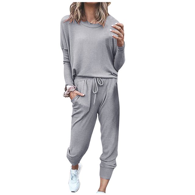 Kcodviy Femmes Col Rond Uni Chandail Femmes Ensembles Manches Longues Bandage Ample Junior Tailleur Pantalon Survêtements