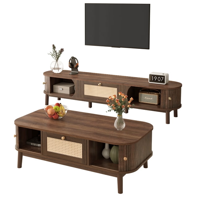 Noble House TV Stand & Coffee Table Set, Sliding Door & Woven Drawer, Rounded Edge Storage Design, Living Room,Walnut