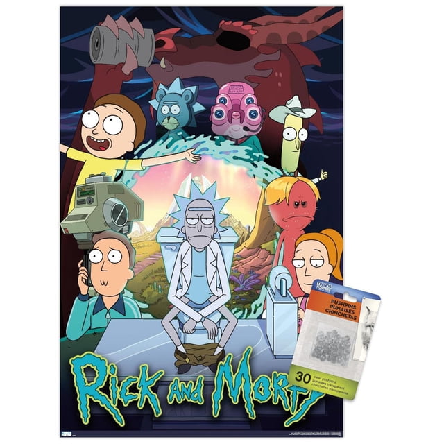 Rick And Morty - Affiche Murale de Groupe Saison 4, 14,725 Pouces x 22,375 Pouces, Représentant Rick Assis sur une Toilette Futuriste avec Pantalon Abaissé, Entouré de Personnages Incluant une Figurine Bleu Façon Ourson, un Extraterrestre Rose aux Yeux Multiples, un Personnage Portant un Chapeau de Cowboy, et un Personnage Rouge Façon Poisson, sur Fond de silhouette de Portail Coloré et de dragon, Imprimée sur Papier d'Affiche Brillant par Trends International, Idéale pour Décorer des Chambres, des