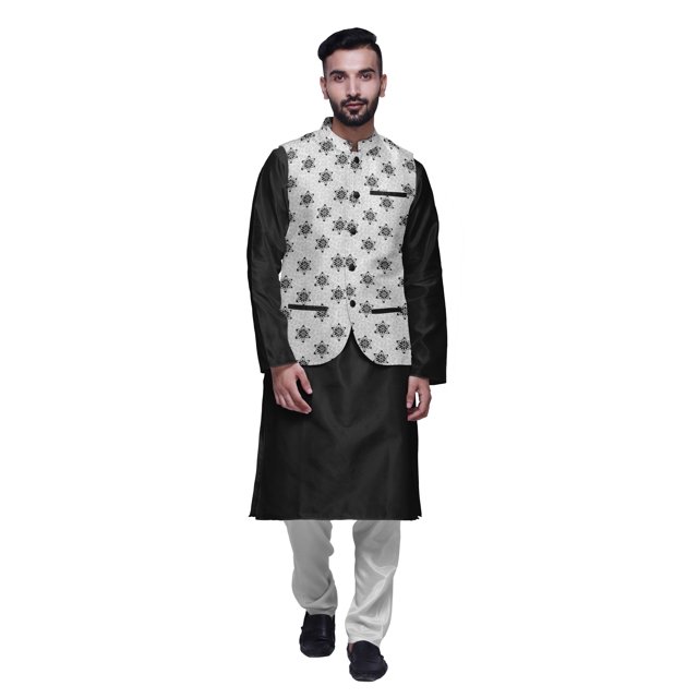 Atasi Kurta Solid Churidar Pajama & Printed Nehru Jacket Set For Mens Party Wear
