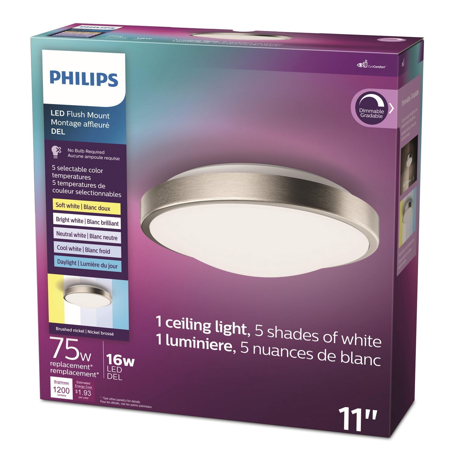 Plafonnier Philips Dimmable LED 11" 75W Plafonnier 5 couleurs changeantes