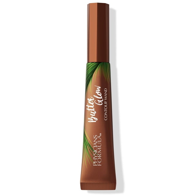 Butter Glow Contour Wand by Physicians Formula in a brown tube with green palm leaf design and white text, featuring a creamy, blendable formula with illuminating minerals and Amazonian butters for natural contouring and glow, suitable for sensitive skin.