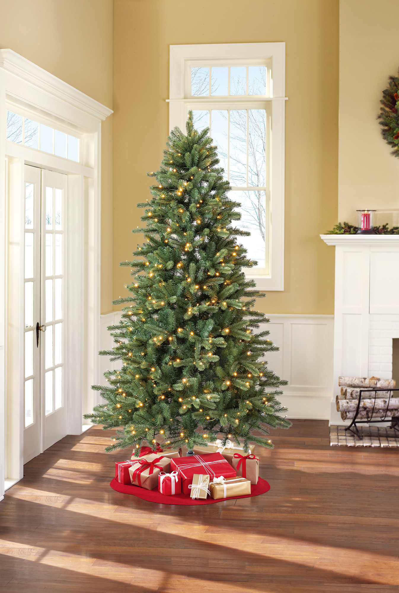 Holiday Time Birchwood 7.5' Pre-Lit Regular Full Quick Set® Simple Shape rPE/rPET Fir Christmas Tree - Green