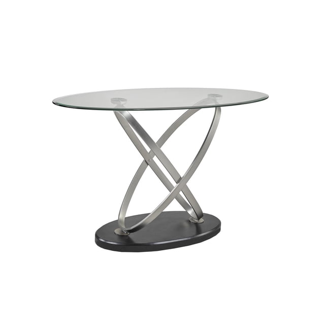 Table de Canapé Côtier, Argent/noir avec Dessus Ovale en Verre Trempé Transparent Comprenant un Anneau en Aluminium, Supportée par des Ovales Métalliques en Argent Brossé Croisés Montés sur une base en Placage de Bouleau Noir, Mesurant 48 x 18 x 30 Pouces, Idéale comme accent de Salon Ou console et Convient pour Exposer des Objets de Collection Ou Tenir des Boissons.