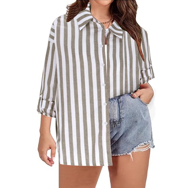 TIMIFIS Women's Striped Button Up Shirts Fall Casual V Neck Shirt with Cufflink and Adjustable Sleeve Tops