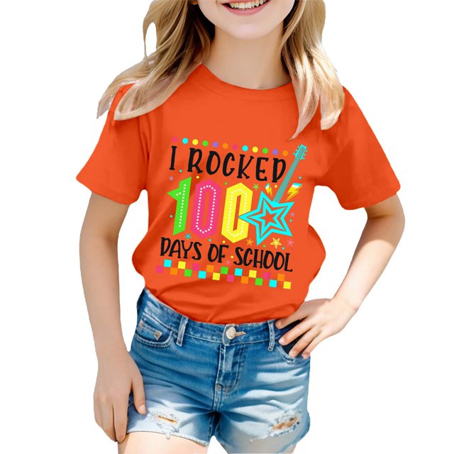 TZEWGL T-Shirts For Girl Print Round Neck Loose Short Sleeve Clothes For Newborns size 5-6T